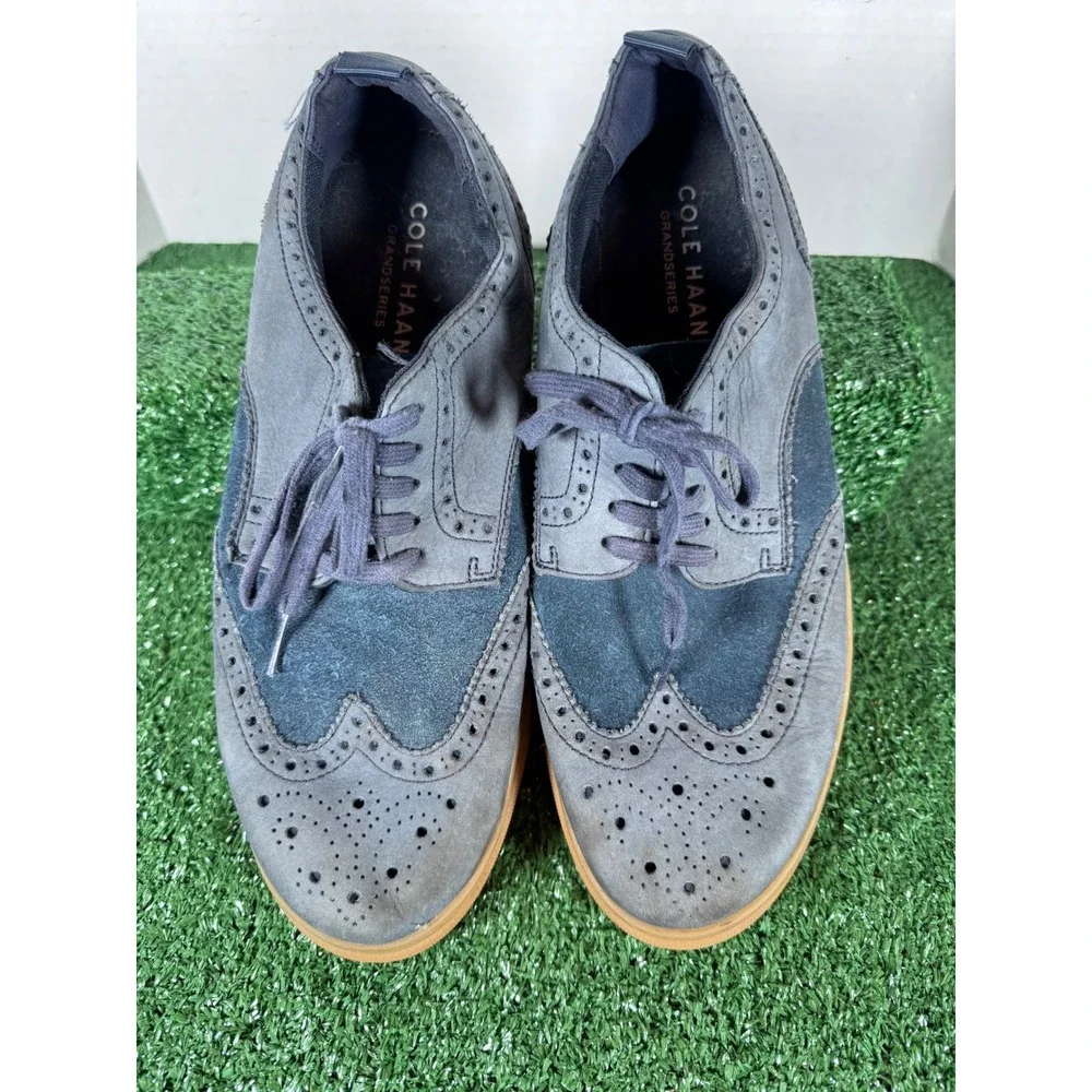 Cole‎ Haan Grandseries Wingtip Oxford Shoes Men 10.5 Blue Suede Leather Gum Sole